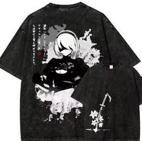 Vintage Washed NieR Automata T shirt 2B YoRHa Double Sided Graphic Cotton Crew Neck Short Sleeve Unisex Oversized Streetwear Tee L black