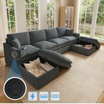 U formos/L formos kampinė sofa, 6 vietų modulinė sofa su 2 kilnojamais pufais ir 2 pagalvėmis, medvilnės ir lino audinys, svetainei/miegamajam, pilka, 277×80×135 CM 277 x 135 x 80 cm pilka