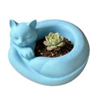 Yousheng 3D Printed Curled Sleeping Cat Planter, Multi-Functional Figurine with Bowl-Holding & Ring Tail Slot, Matte Finish Desktop Organizer mėlyna