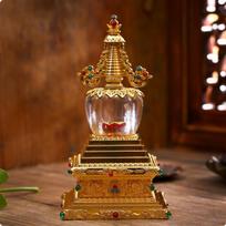 Buddhist Stupa Figurine Sacred with Crystal Body Ornate Reliquary Spire for Buddhists, brown