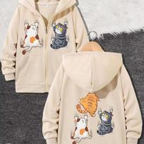Funny Stylish Kawaii Zip Up Hoodie Cat Print Boys Girls Zipper Winter Autumn Jacket Trendy Cartoon Sweatshirts Unisex 130 chaki