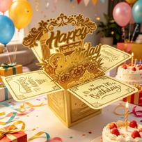 Surprise Pop Up Happy Birthday Cards, Lovely 3D Birthday Card gold foil flower birthday box brown