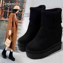 Winter Fashion Platform Black Boots Wedges Women's Botas Height Increasing Ankle Boots Knit Collar Chunky Heel Shoes for Women 39 brown