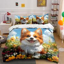 Cute Corgi In Vibrant Flower Field Duvet Cover Set With 3D Printing Design Soft Polyester Bedding Set All-Season Comfort AU Single 140X210cm&set white