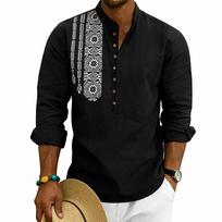 Men Linen Blend Long Sleeve Shirt, Mandarin Collar Ethnic Geometric Print Half Button Henley Shirts Casual Beach Bohemian Tops For Men Multiple Colors M juoda