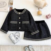 Girls' Black Tweed Suit: Autumn 2026 Pearl Button Jacket & A-line Skirt Set 100 cm black