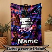 Custom Name Personalized Grand Theft Auto VI Print Blanket, Home Decor, Bedroom, Sofa, Camping, Couch, Gifts for Birthday Christmas 80cmx120cm blue