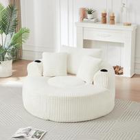 Round Corduroy Lounge Sofa, Single Seat Bean Bag Lounger with 3 Cushions, 2 Cup Holders, Side Storage, Non-Slip, Relax Sofa for Living Room Bedroom smėlis