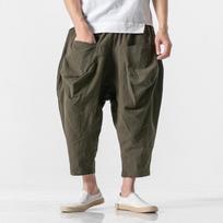 Men's Japanese-Style Cotton Linen Wide-Leg Harem Pants L armijos žalia spalva