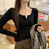 Spice Girl Style Sexy Neck Button Half Open Neck Shirt Women's Spring Slim Skinny Shoulder Long Sleeve Top Bottom XL juoda