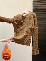 Women's Slimming Velvet-Lined Retro Hong Kong Mesh & Lace Top brown