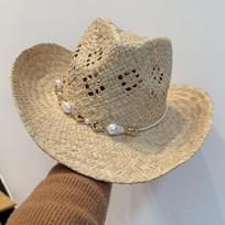 2026 Natural Raffia Straw Cowboy Hat for Women with Pearl Beaded Band Breathable Hollow Western Style Sun Cap for Beach Travel beige