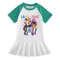 Kpop Monster Hunter Girls' Cartoon Pleated Dress - Summer Short Sleeve Ruffle Skirt 90 cm žalia