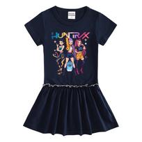 Kpop Monster Hunter Girls' Cartoon Pleated Dress - Summer Short Sleeve Ruffle Skirt 140 cm blue