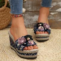 Bohemia Flower Fabric Strap Wedge Heel Sandals Women Summer Round Toe Super High Heel Slides Casual Hemp Sole Beach Slippers 42 mėlyna
