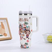 Cartoon 40oz Handle Car Cup 304 Stainless Steel Thermos Cup Outdoor Portable Straw Cup 40oz white