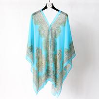1x Vintažinė moteriška gėlėta laisva skara kimono megztinis Boho šifonas one size jūros mėlyna spalva