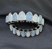 Blue & White Zircon Hip Hop Grillz for Halloween Costume - Micro-inlaid Zircon Tooth Jewelry black