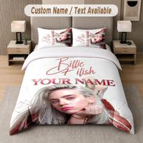 Custom Bedding Set Billie Eilish Pattern, Print Name Text 1 Duvet Cover plus 2 Pillowcases Home Textile 140cmx200cm gray