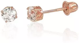 Auksiniai auskarai vinukai, užsukami, Raudonas Auksas, Cirkonai - 0.48 g. - 4 mm.