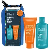 „Baylis & Harding“ vyrų kūno priežiūros rinkinys su sausuoju maišeliu (citrusų, laimų ir mėtų aromatas) – dovanų rinkinys kūno priežiūrai (3 vnt.)
