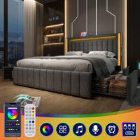 Polsterinė lova 160x200 cm, USB-C, LED, 4 stalčiai, pilka, be čiužinio