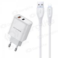 Telefono įkroviklis Awei PD81L-EU 22.5 W USB-C + USB-A su Lightning laidu 1 m baltas