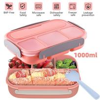 Bento dėžutė Pietų dėžutė Suaugusiųjų Pietų dėžutės Konteineriai Mažiems Vaikams Suaugusiems 1000ml 4 skyriai Šakutė Sandari Mikrobangų krosnelė Indaplovė rožinė