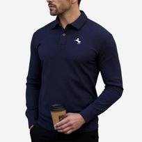 Vyriškas gofruoto mezgimo ilgomis rankovėmis polo marškinėlis su žirgo auginimo logotipu XL tamsiai mėlyna spalva