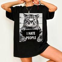 Novelty Funny Arrested Criminal Cat Mug Shot I Hate People Cat Lover Tshirt Women Unisexs Tee Casual Oversized Loose Unisex Tops 4XL gray