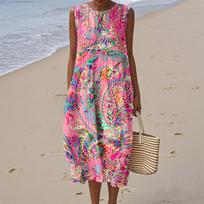 Moteriška berankovė apvalios apykaklės bohemiško stiliaus patchwork midi suknelė, laisvo kirpimo, vintažinio stiliaus vasarinė suknelė L pink