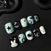 30Pcs Short Round Cat Eye Press On Nails With Pink White Stars And Polka Dots Full Cover False Nail Tips Short Square black