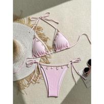 Rudos briaunotos kriauklės ir jūrų žvaigždės dekoras Bikini rinkinys Trikampis su raišteliais šonuose Dviejų dalių maudymosi kostiumas M rožinė