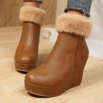 Wedges Fur Snow Ankle Boots Women's High Heels Designer Shoes for Woman Warm Cotton Shoes  Winter Fashion Dress Mujer Botas 36 brown