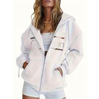Women's Hoodie - Cozy Brown Zip-Up with White Print Casual Long Sleeve Sweatshirt  Drop Shoulder Design Relaxed Fit Winter W 3XL white