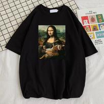 Famous Painting Mona Lisa Hold Cat Prints Men Cotton T-Shirts O-Neck Creativity Short Sleeve Fashion Casual Mans Tee Clothing 4XL gray