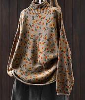 Johnature Woman Winter Print Loose Lazy Long Sleeves Sweater Chinese Style Personality Casual Mock Neck Sweater One Size šviesios kavos spalvos