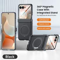 Plating Leather Funda For Motorola Razr 60 Ultra 70 Ultra Hinge Case Rotate Magnetic Ring Stand Cover with Small Screen Film gray
