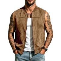 Suede Sleeveless Zip Vest for Men, Oversized Faux Suede Utility Vest with Full Zip & Chest Pockets, Casual Streetwear Layer XXXL kava