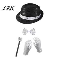 Classic Sequin Design Costume Pop Rockstar Set for Adults, Black Sequins Hat, Glasses, Gloves, Cosplay Accessory Microphone, Role Play Accessories One Size E white