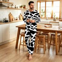 Vyriškas laisvalaikio pižamos komplektas su karvės raštu Laisvo kirpimo namų drabužiai XXXL juoda