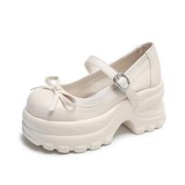 8.5CM High Women's Mary Jane Shoe Chunky Platform Butterfly-Knot Slip-on High Heels Women Punk Thick Bottom Casual Shoes Tacones 34 balta