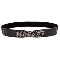 Vintage Style Faux Leather Elastic Waist Belt with Decorative Rose Buckle Double Clasp Adjustable Stretch Thin Belt for Women One Size black
