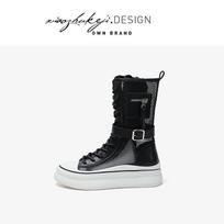 Leather medium tube Martin boots women's new summer thin cool boots women's shoes breathable boots thick-soled hollow mesh boots 40 black