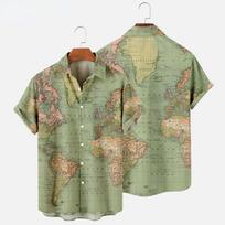 Hawaiian Shirts Map 3d Print Men's Casual Vocation Lapel Summer Beach Camisa Trip Blouse 3XL beige