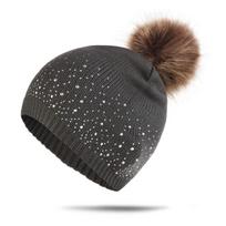 Women S Multi Color Rhinestone Pom Pom Pullover Knit Hat Warm Autumn Winter One Size pilka