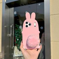 Cute 3D Bunny Rabbit Bracket Warm Hairball Tail Soft Silicone Case For iPhone 17 16 Plus 15 14 13 Pro Max Stand Holder Cover iPhone 16 rožinė