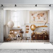 Plane Suitcase Map Travel Birthday Decor Baby Shower Vinyl Cloth Photo Backgrounds Photography Backdrops Photocall Photo Studio 90.6x70.8inch/230*180cm white