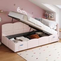 Upholstered Bed, Children's Bed, Sofa Bed 90x200 cm, with Slatted Frame, USB Charger, Storage Pocket, Youth Bed, Velvet, Pink (Without Mattress) 212.5 x 98 x 78 cm rožinė