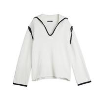 ELLE French Lazy High-End V-Neck Sweater Color Block Cotton Knit Pullover Women sweater Off-White EZ49390 S white